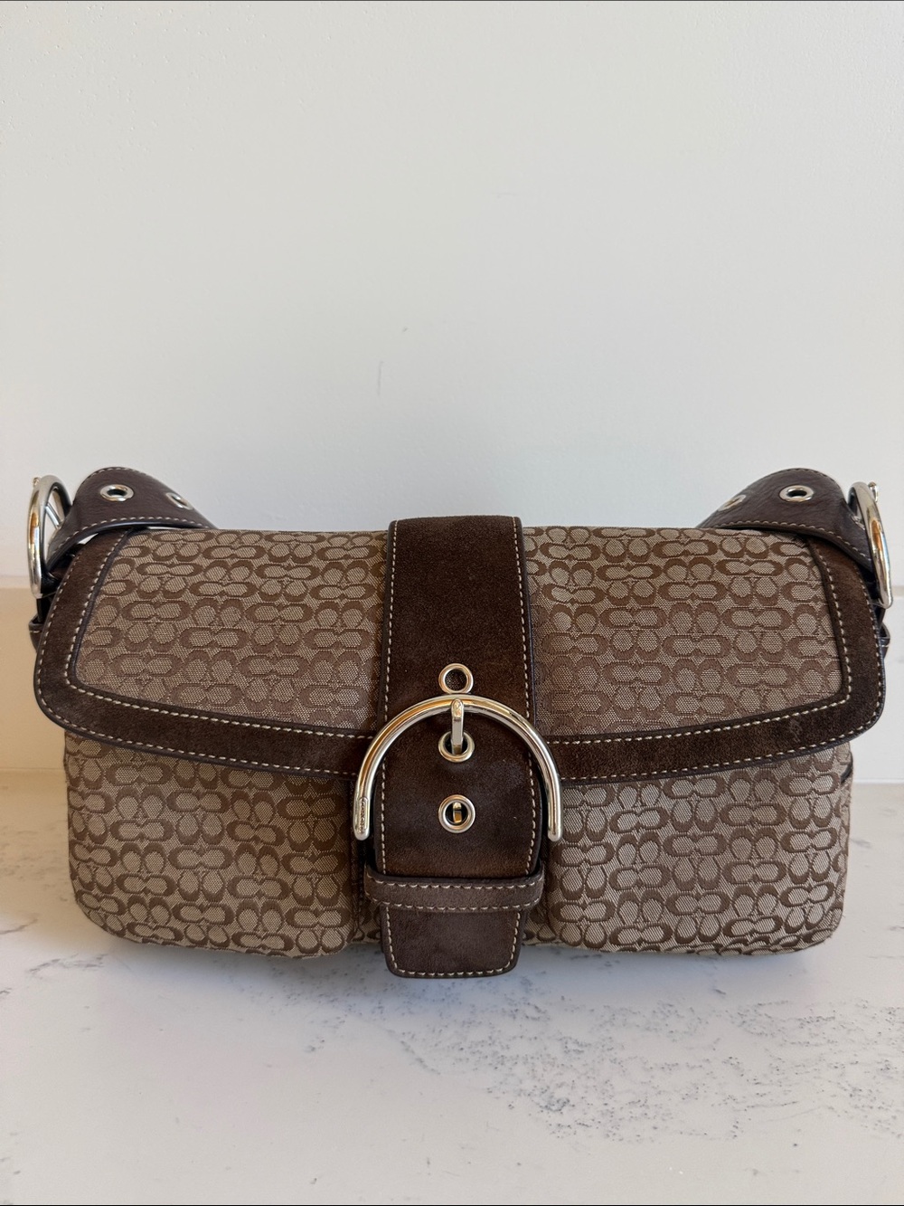 Vintage Coach Monogram Canvas With Brown Suede Soho Flap Signature Shoulder Bag - Picture 2 of 15
